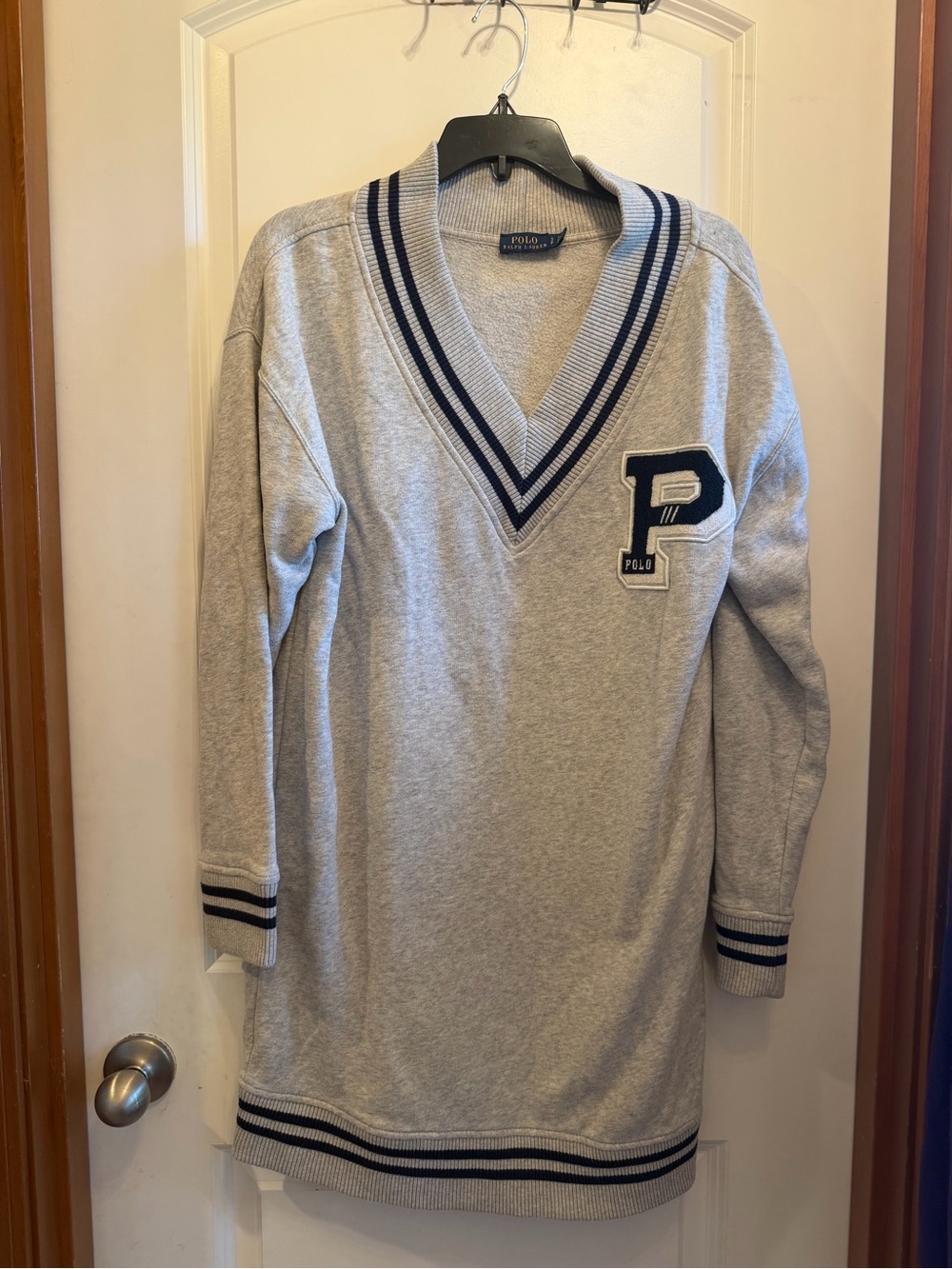 Ralph Lauren Grey V-Neck Sweater with Navy Trim and P Patch